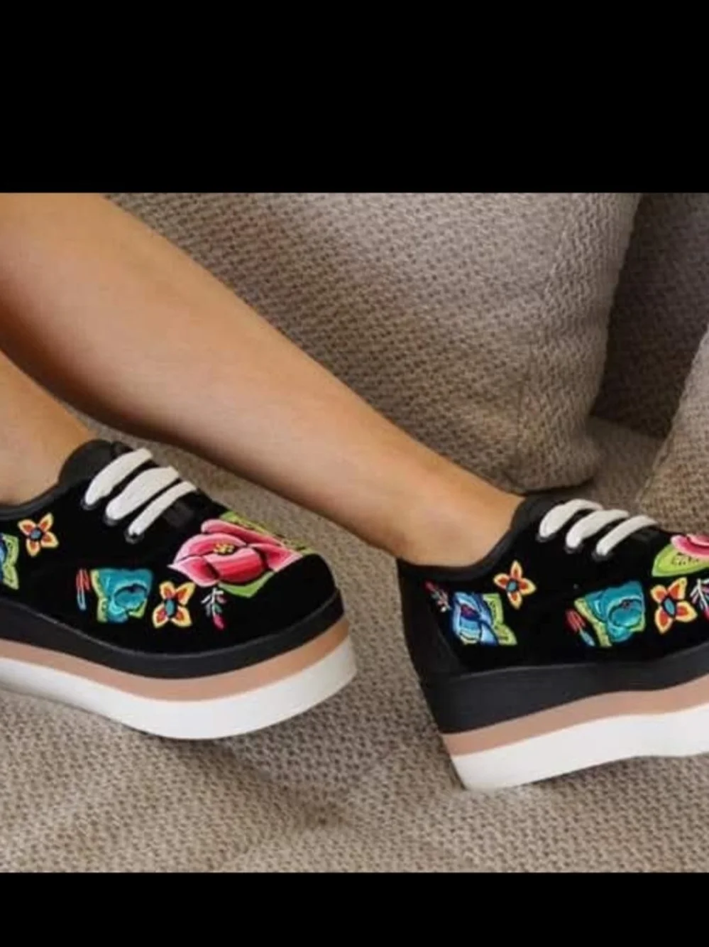 Black Platform Lace-Up Sneakers with Colorful Floral Embroidery